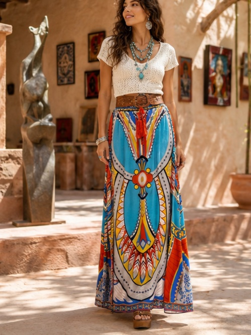Flying Tomato Tribal Geometric Print Drawstring Tassel Elastic Waist Maxi Skirt